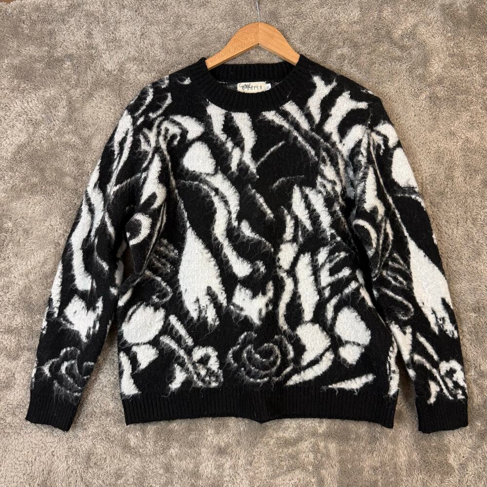 Vaara Vintage Black White Abstract Floral Crewneck Sweater XL Wool Blend Women's